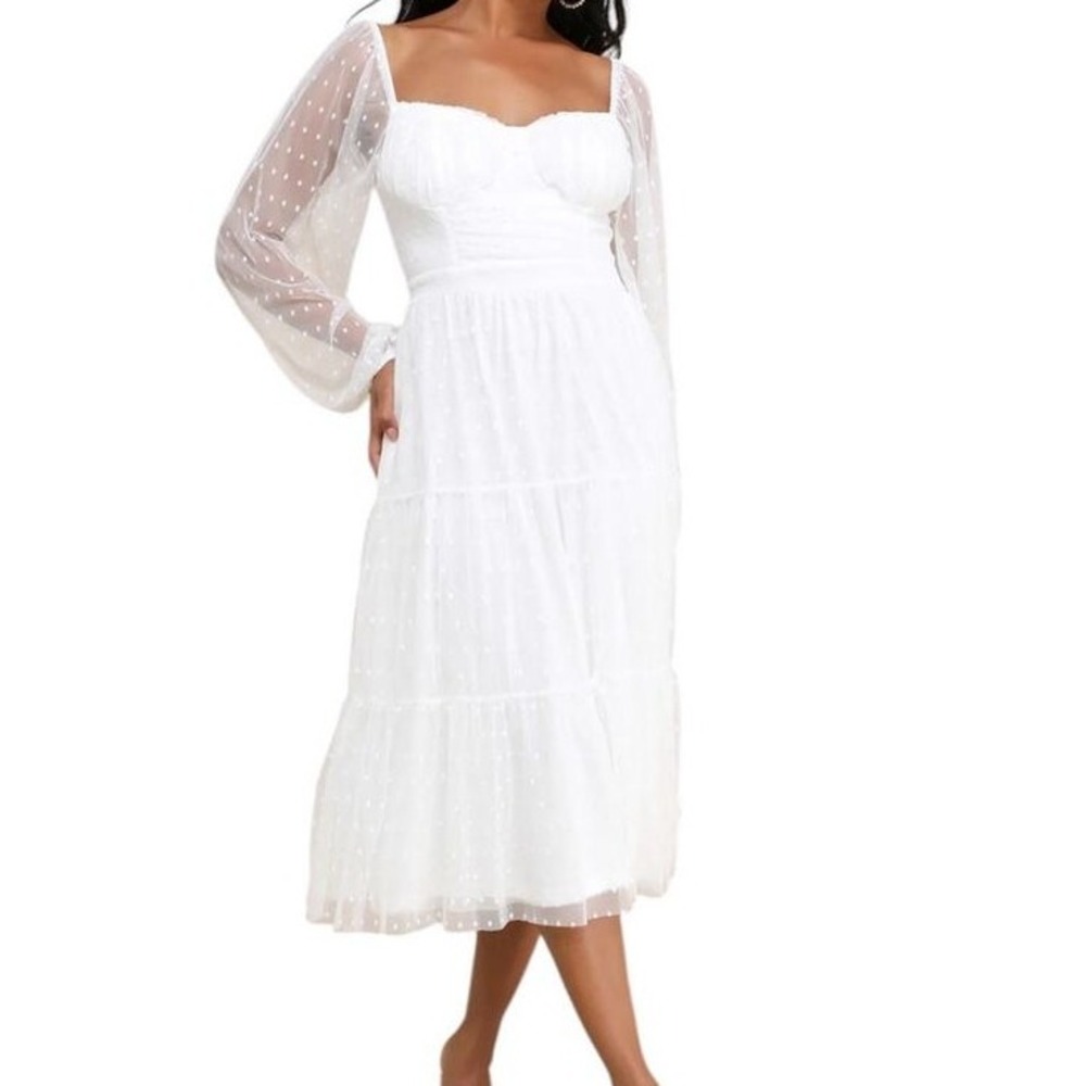 LULUS White‎ Swiss Dot Sheer Sleeve Midi Dress Square Neck Romantic Bridal L